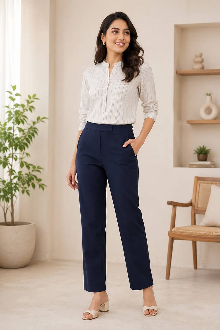 Women's Navy Blue Straight Cut Pants